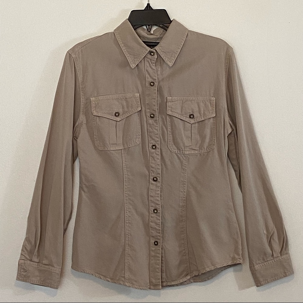 Tru Supply Khaki Long Sleeve Button Down Shirt size Medium Petite